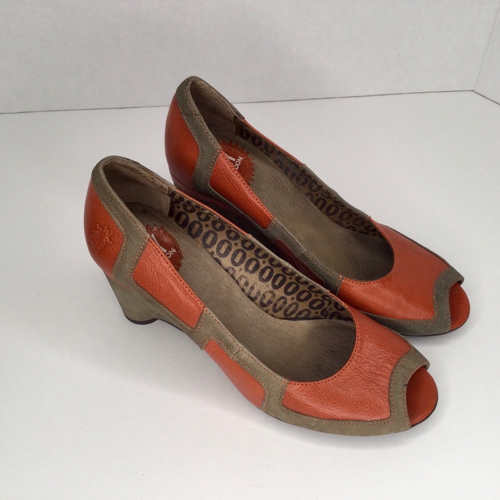 Fly London orange and grey wedge shoes.